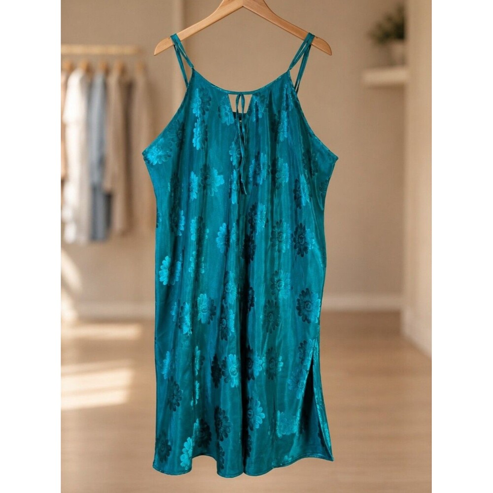 Vintage Y2K Lane Bryant Teal Floral Satin Slip Dress Loungewear Gown Size 22/24